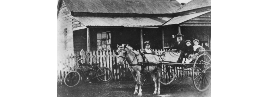 Rolfe family in their horse and buggy outside their home at Redland Bay, ca. 1900, State Library QLD