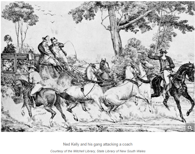 Photo of Ned Kelly and his gang attacking a coach