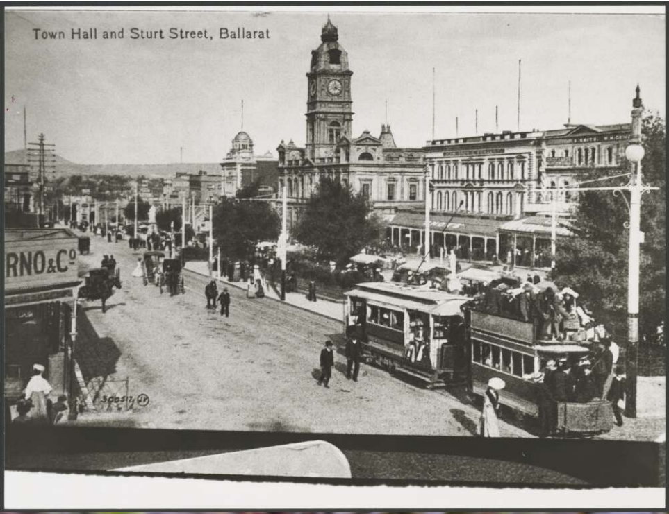 Horse tram being towed by an electric tram in Ballarat in 1907, intersection of Town Hall and Sturt Street
