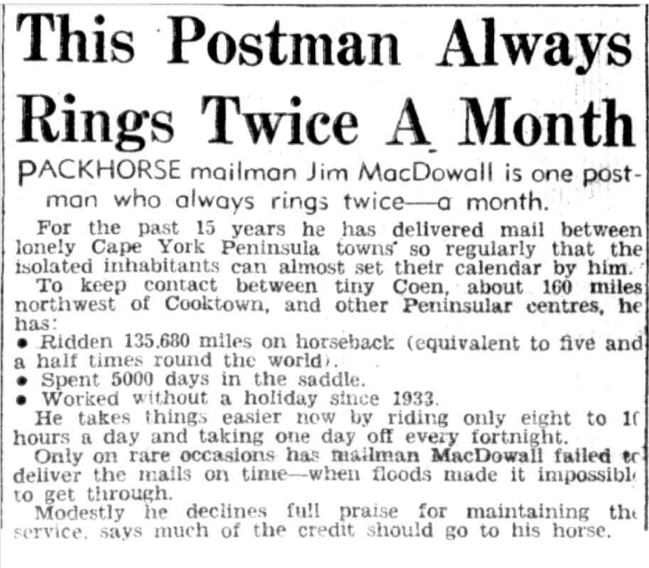 Newspaper article about packhorse mailman Jim MacDowall