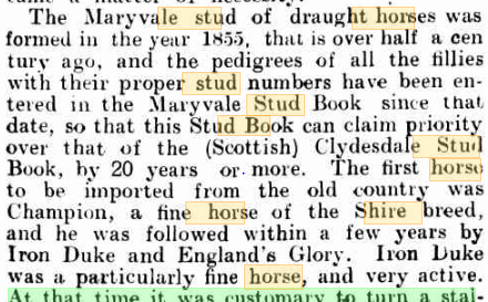 Newspaper article about the Maryvale Shire horse stud 1909