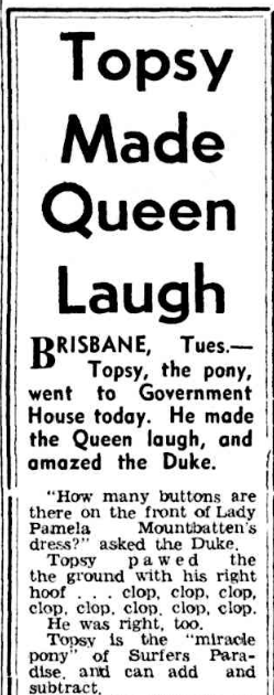 Topsy was presented to the Queen and Duke at Qld Government House by the Governor and his wife, the Lavaracks. It was a rest day for the Royals, meaning their activities for the day were all at Government House, It was a very busy "rest" day and evening. Everyone was delighted Topsy entertained both of them and made the Queen laugh (many newspaper articles).