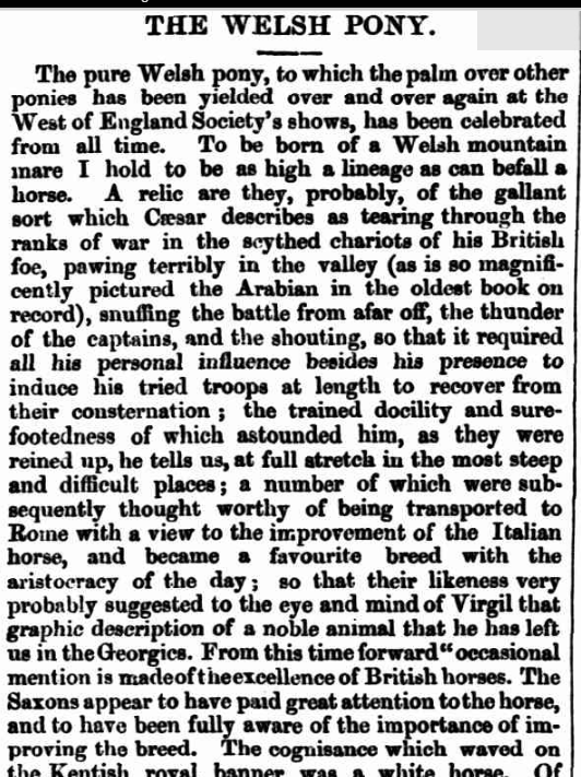 Welsh Pony newspaper article 1862