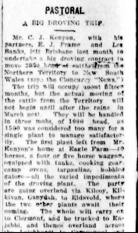 Newspaper article about a droving trip by Charles Kenyon in 1928