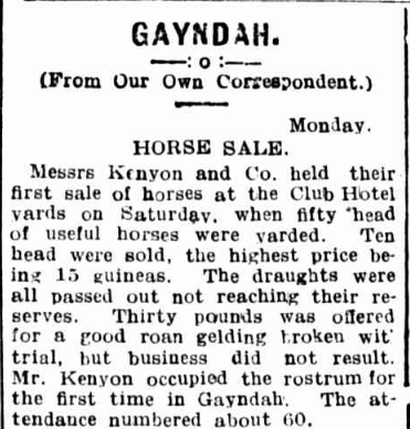 Newspaper article about Charles Kenyon selling horses in 1910