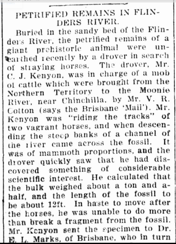 Newspaper article about Charles Kenyon disovering fossilized remains of a mammoth.