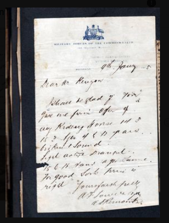 Letter requesting Charles Kenyon find horses on Australian government letterhead demonstrating how highly regarded he was