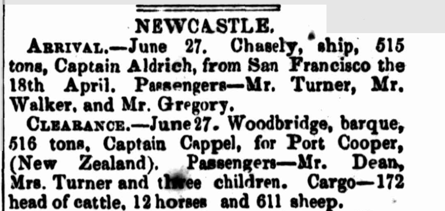 Newspaper article about arrivals into Newcastle 1850