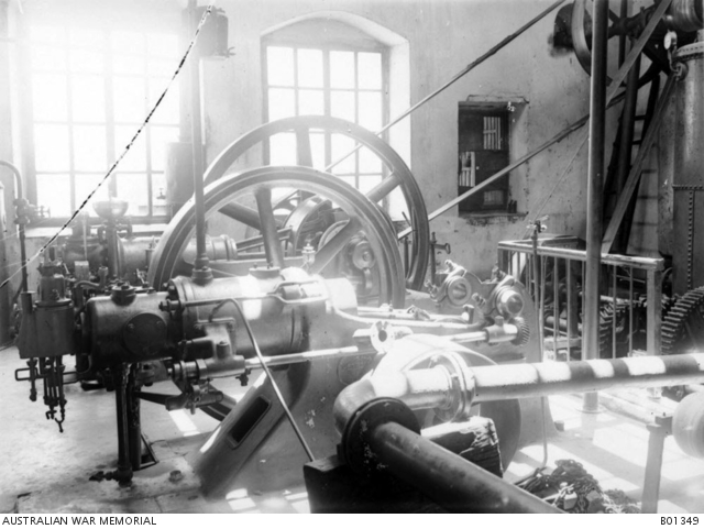 An engine and pump-gear inside the pumping station at ANZAC Beach