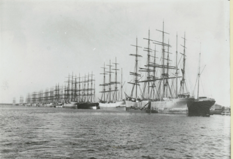 View of deep sea sailing ships in Newcastle Harbour in 1906