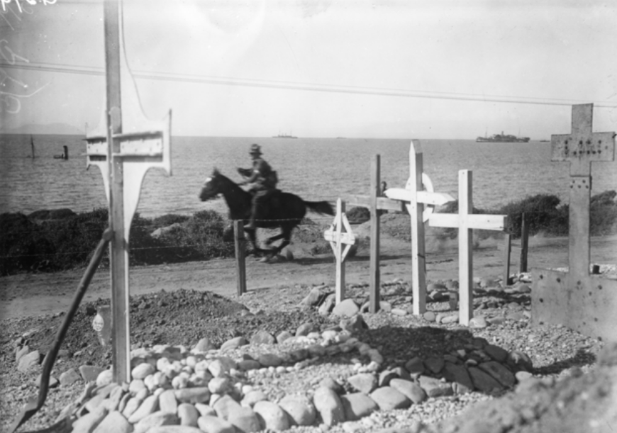 A despatch rider galloping from Suvla Bay to Anzac Cove to avoid being sniped at