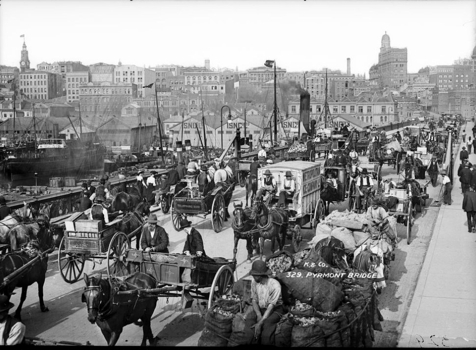 ''Pyrmont Bridge', Sydney, street cleaner on right