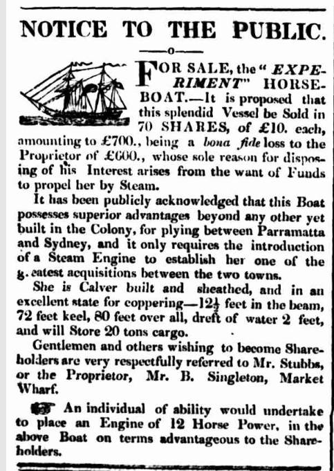 Advertisement for Sydney's horse powered ferry