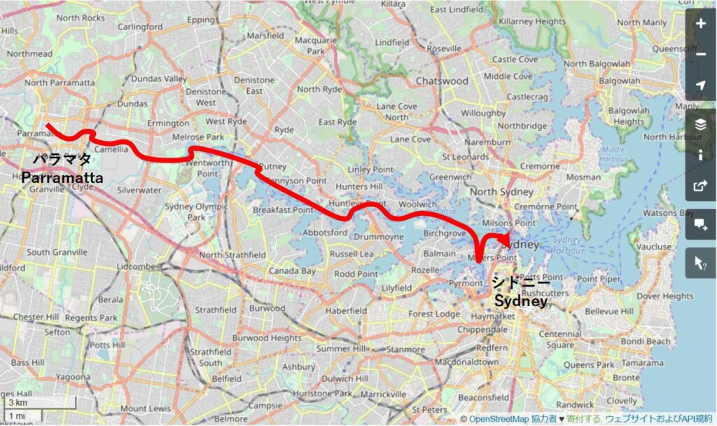 Map showing route for a horse powered ferry in Sydney