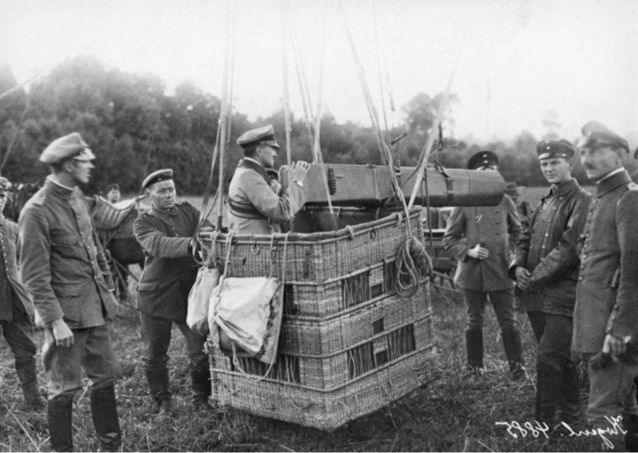 A German observatiion balloon fitted with a long distance camera about to ascend with one observer in the basket, 1916