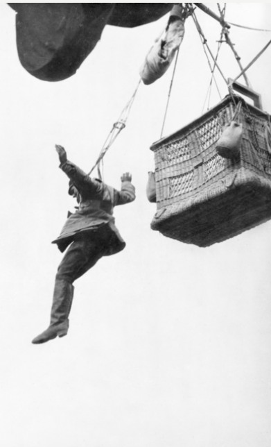 A German soldier jumping from his observation balloon, Western Front c.1918