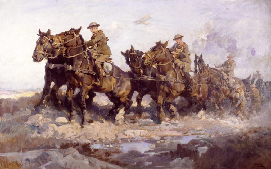Bringing up the guns 1917, painting by H. Septimus Power, one of the world's best horse artists