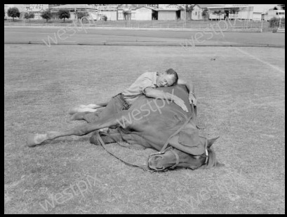 Dudley Farrar hugging one of his polo ponies