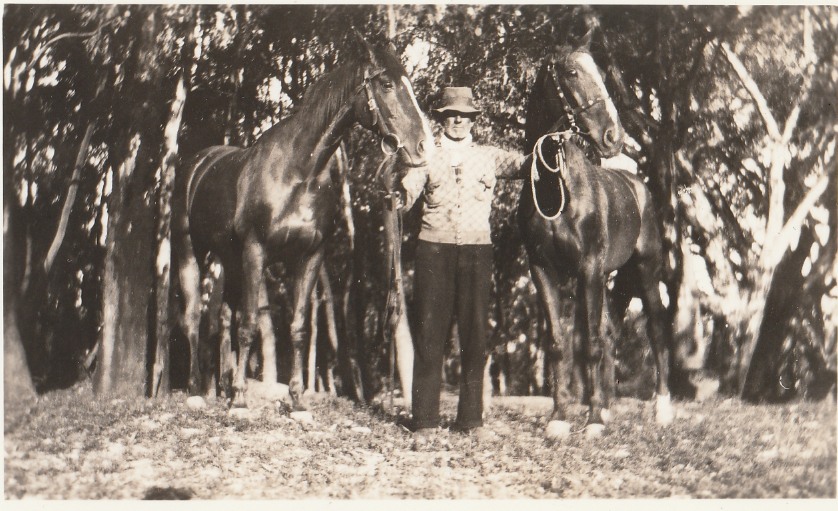 Peter Campbell MacFarlane with his horses, a drover, of Nareen in Victoria
