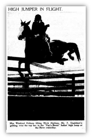 In this photo Mark Radium is ridden by Winifred Holmes in the Ladies High Jump, and shows his distinctive jumping style. Sydney Morning Herald, April, 1938. They cleared 6’ 11”