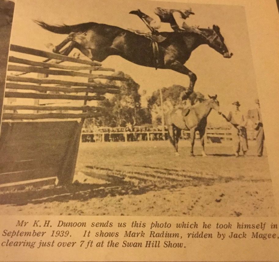 Photo credit: Mr. K.H. Dunoon, taken in 1939 at the Swan Hill Show; Mark Radium clearing just over 7ft with Jack Magee riding