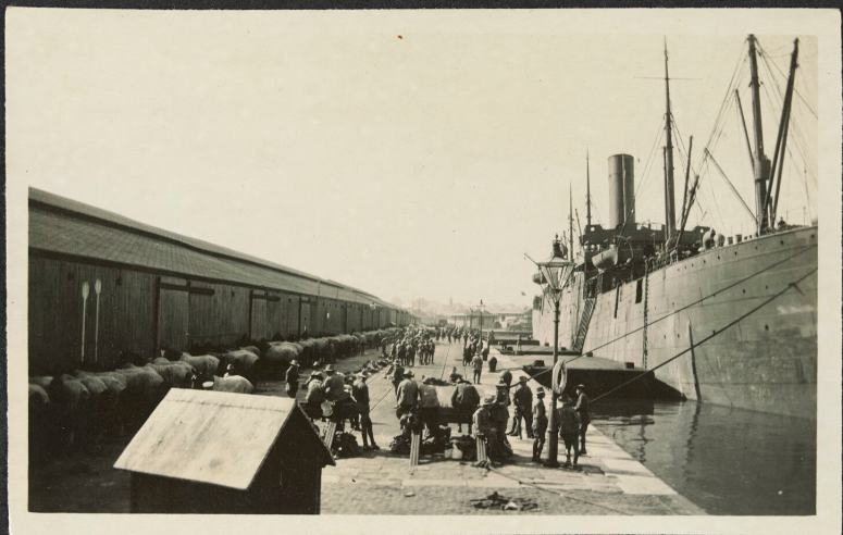 'Troop ship (Bohemian) just pulled in along side the wharf, Alexandria, Egypt.'
