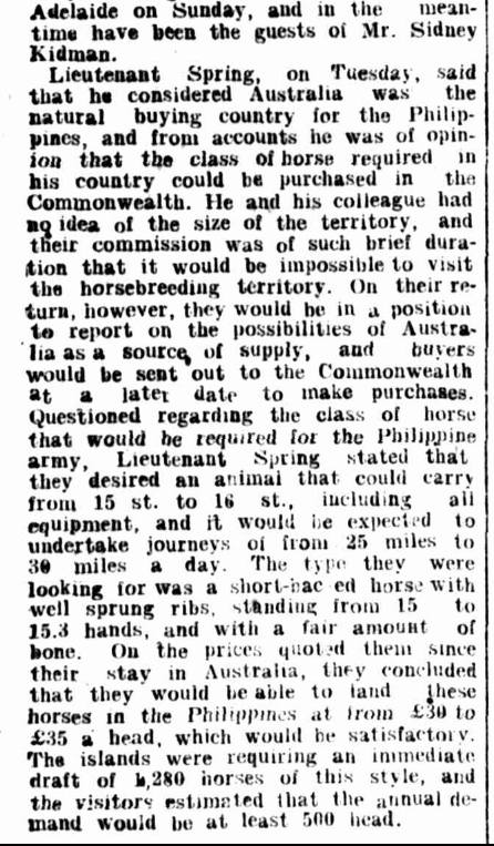 Telegraph, 5th December 1918. These officers had a reasonable budget. They couldn't afford Queensland horses but persevered and went to Adelaide and met Sir Sid Kidman, who arranged some for them.