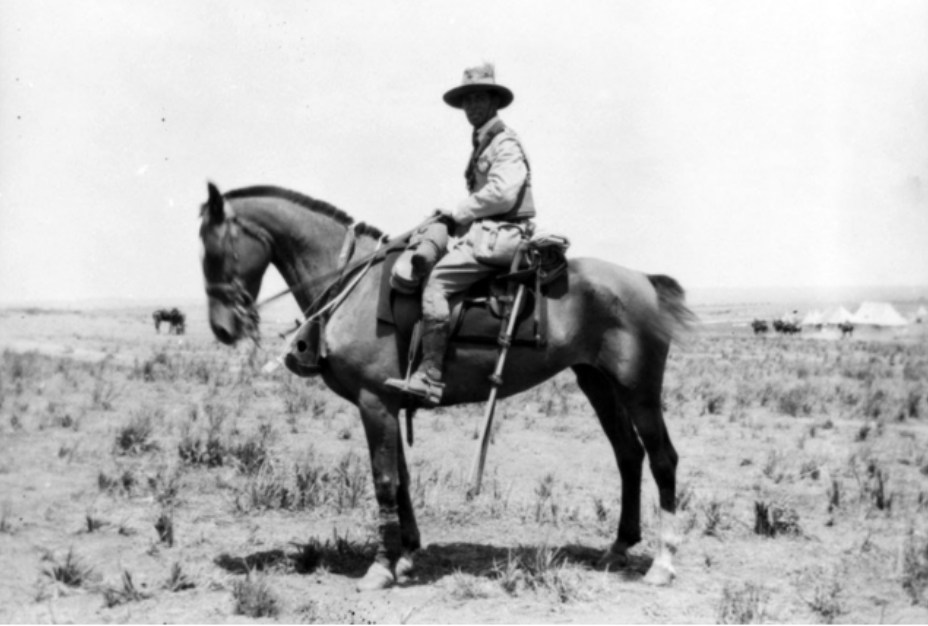 Captain J. D. Cramb, 14th Australian light Horse Regiment, mounted on his horse ‘Lady.’ 1918 – 08. Surafend, Palestine, AWM.