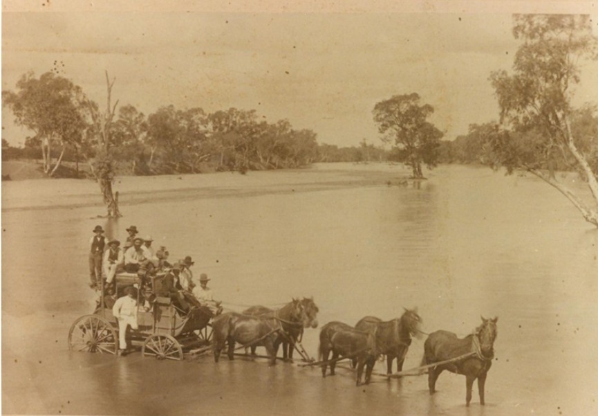 'An image of a Cobb & Co. coach, fully laden with passengers crossing the Flinders River at Gillespie Crossing (at the eastern end of Brodie Street, Hughenden), ca.1890.' Flinders Shire Council Historical Photos
