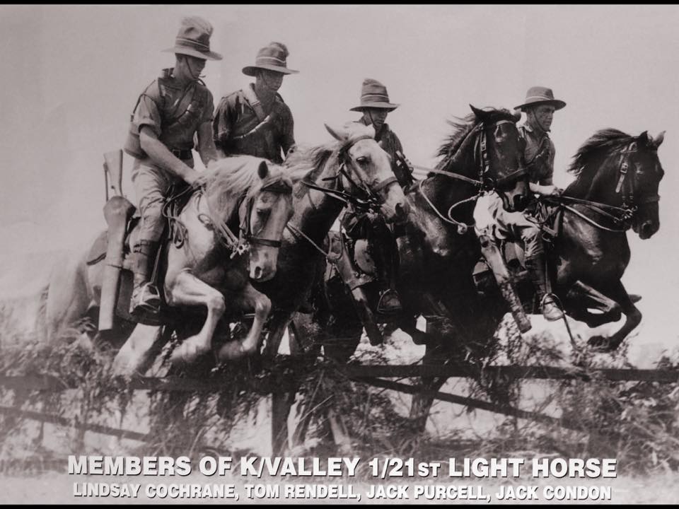 Photo of mounted Light Horsemen, supplied by Geoff Cochrane – taken at the beginning of WW2, members of the Kangaroo Valley 1/21st Light Horse, New South Wales