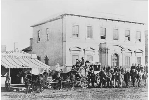 'First Cobb and Co coach and booking office at Bathurst, 1862,' National Archives Australia.