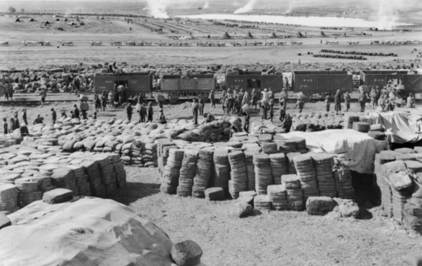 'The Australian Light Horse fodder dump at the railhead on the Philistine Plain. Ottoman Empire: Palestine, Deiran. March 1918.' AWM