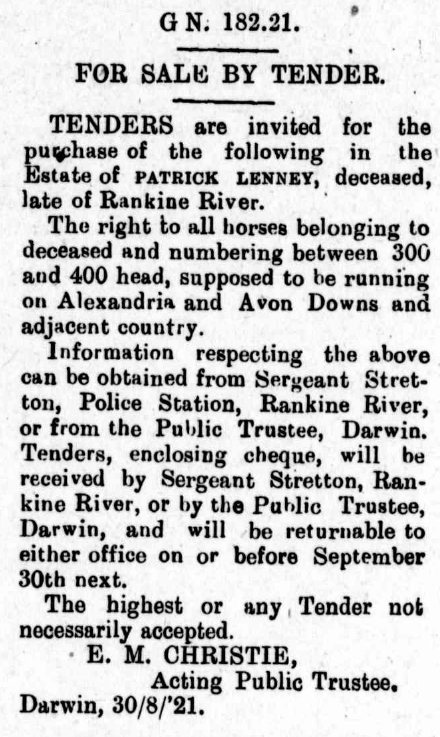 Northern Territory Times & Gazette, 17th September, 1921.