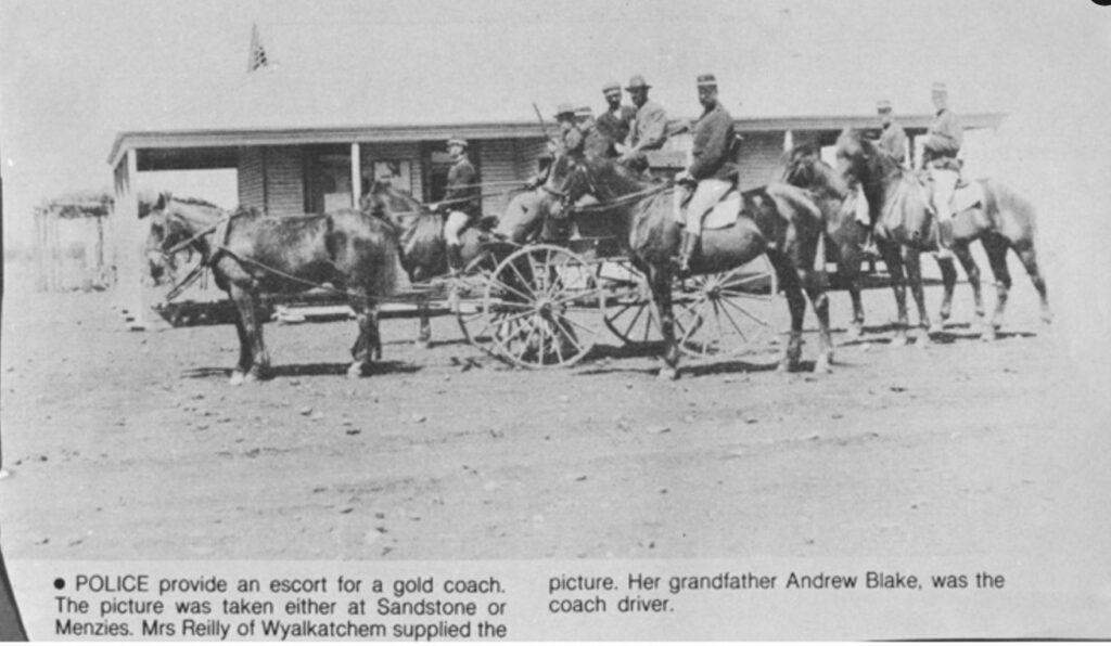 'Mail coach leaving with gold, and police escort. C. 1908.'

State Library W.A.