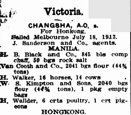 Daily Commercial News & Shipping List, 5th August, 1913. A typical shipping list, showing 16 horses going on the Changsha from Victoria to Manila.