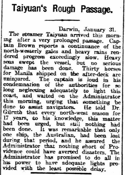 Express & Telegraph, 13th January 1913. The horses had been loaded at Townsville.