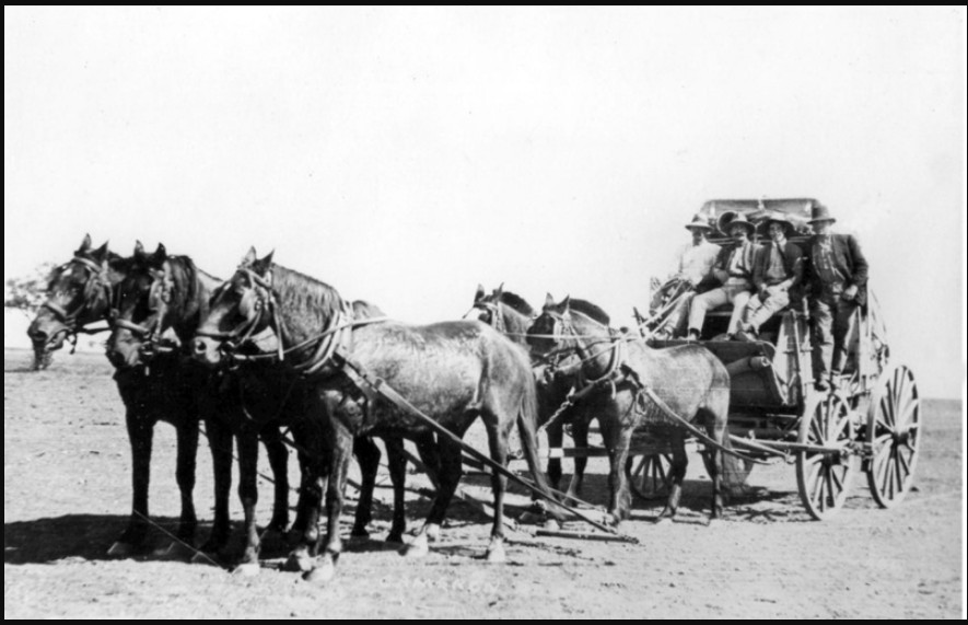 '... team of horses pulling a Cobb & Co coach with four unidentified men on the coach. The photograph was taken at Cameron Downs Station (near Hughenden, Queensland) in 1912. Cameron Downs was one of the staging places for Cobb & Co, where the horse teams were left and exchanged for fresh ones, on the Hughenden - Muttaburra route.' Flinders Shire Historical Photograph Project