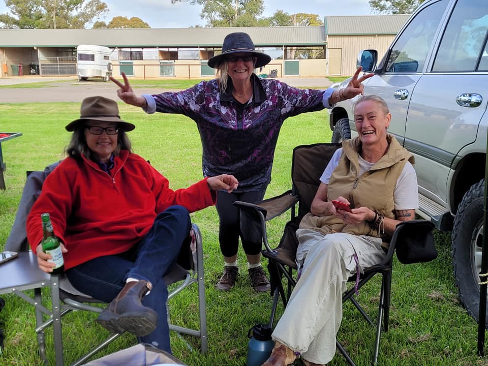 Waler advocate Angela, Timor Pony advocate Barb and Brumby advocate Angel relaxing before the 2024 Summer Royal Show in Mebourne where the Timor Ponies have been entered in the Rare Breeds Ring