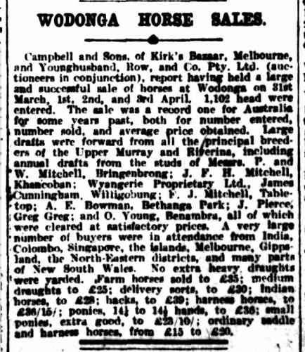 Wodonga Horse Sales in The Argus (Melbourne) 8 April 1914