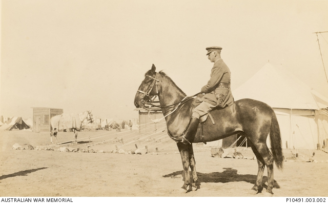 "Portrait of Captain James William Boyes, 4th Squadron, 1st Australian Remount Unit, mounted on a horse in camp."
Egypt 1916.
AWM photo.