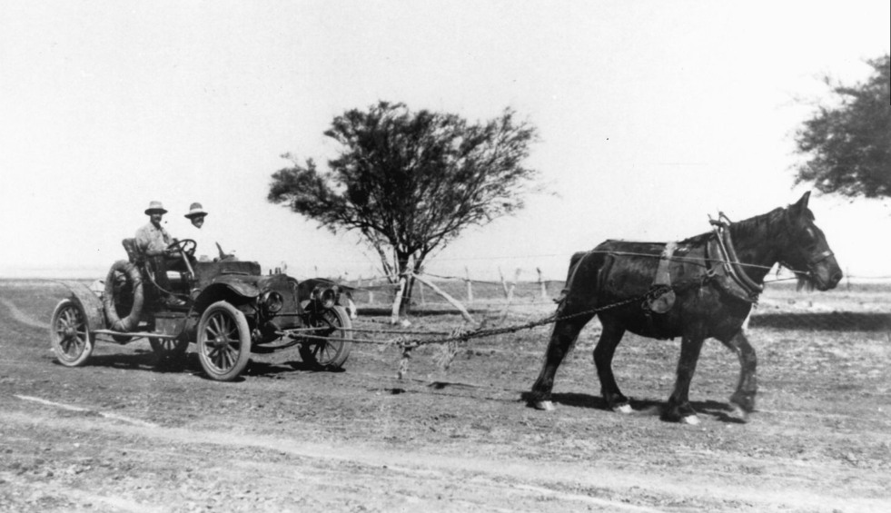 'A Talbot (England) circa 1908; model 4A or 4AB, 12 h.p. A. E. Ogg and Mr Bloxsome returning from a bushfire with their car towed by the horse.' State Library Qld