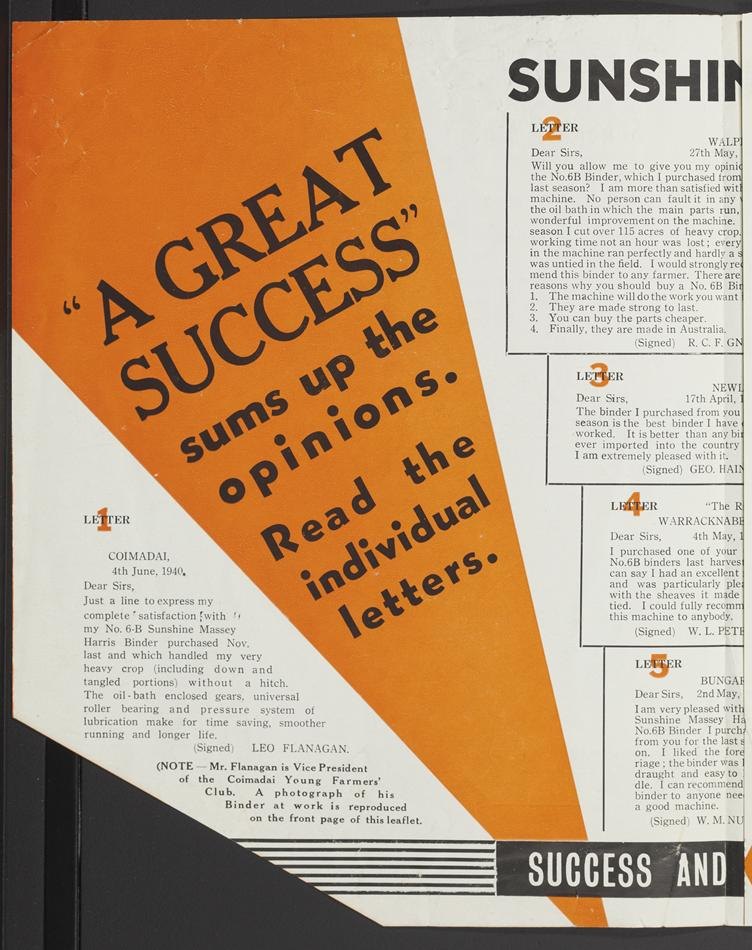 1940 advertising leaflet for the Sunshine Massey reaper