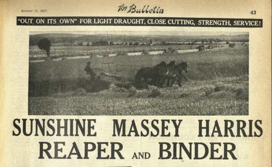 The Bulletin, 11 August 1937 Sunshine Massey Harris Reaper and Binder