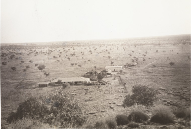 Looking south towards the homestead from a rocky outcrop, Gogo Station, ca. 1957-1958, State Library of W.A.