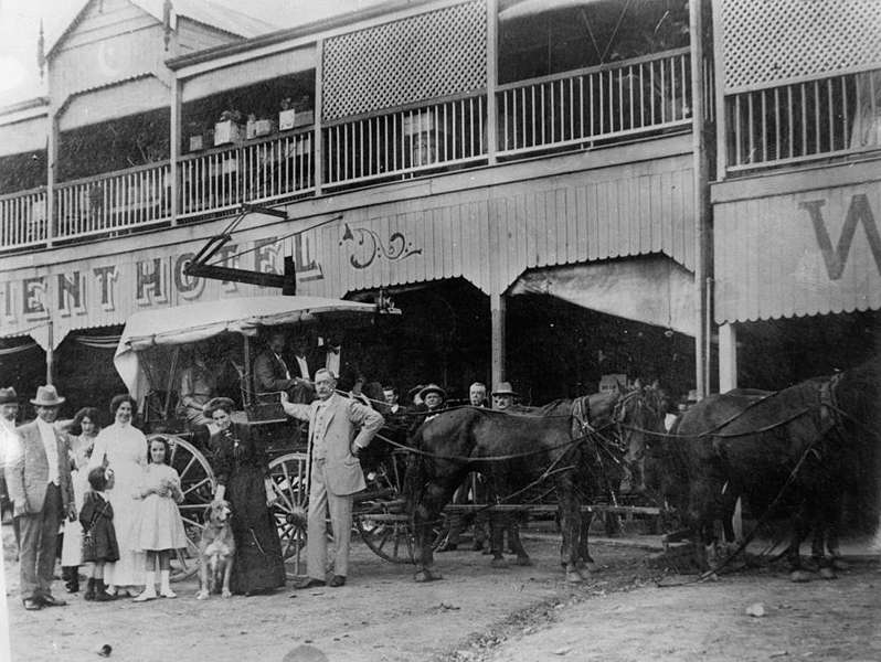 'Janet Ramage and Jack Mulhall's wedding day, as they leave by coach from the Orient Hotel, Irvinebank. Wade's Hotel is next door. (Description supplied with photograph).'

Picture Queensland, State Library of Queensland.