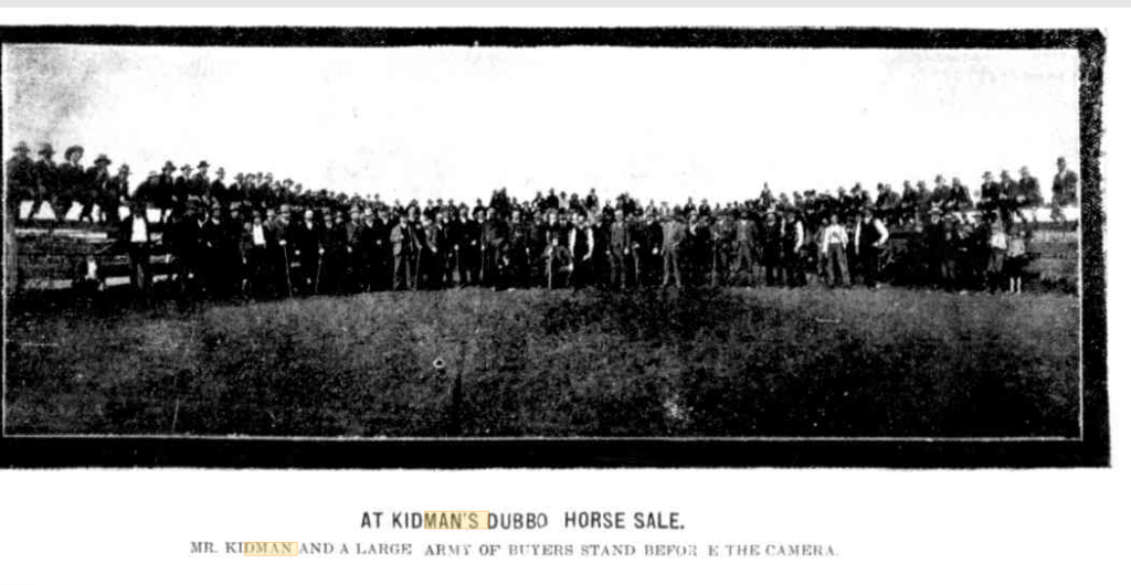 Sid Kidman and horse buyers, at a Dubbo sale of his horses, 1905. From the North Queensland Register.