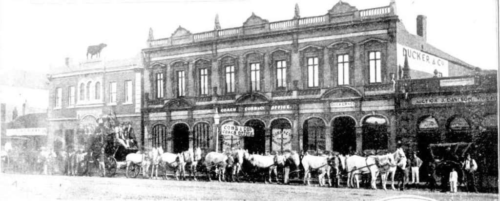'Cobb & Co.'s Leviathan coach, Ballarat to Geelong in 1860.'
Weekly TImes, 3rd January 1925.
The only known photo of the Leviathan coach.