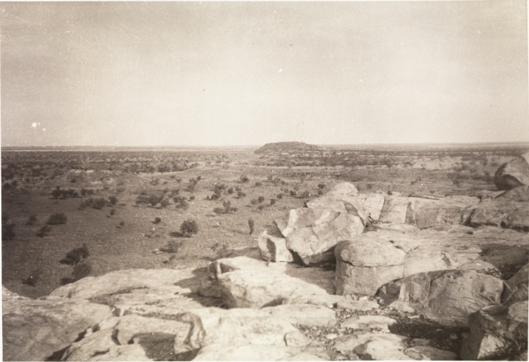 Looking east towards the horse yards from a rocky outcrop near the homestead at Gogo Station, ca. 1957-1958, State Library of W.A.