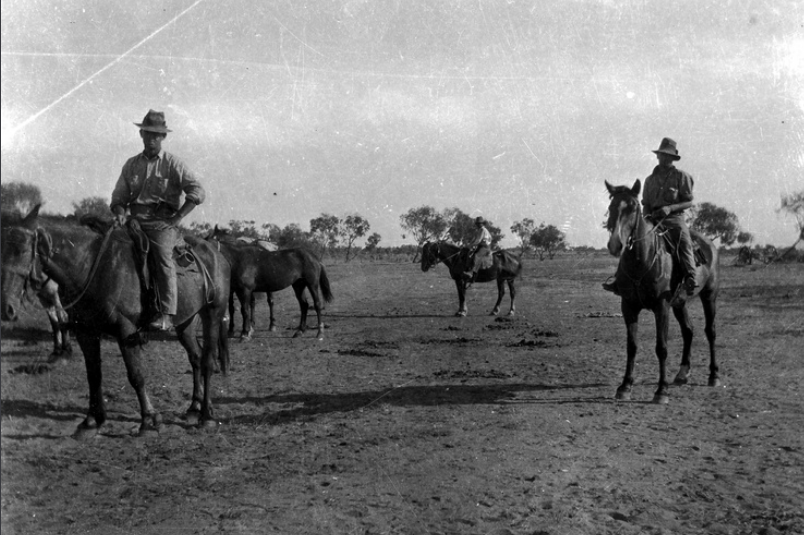 Three stockmen and horses at Oodnadatta c. 1920, photo by J. Meagher. State Library S.A.