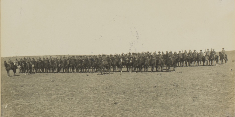 State Library of Qld photo by George Hamilton Milson; it's of the 7th Light Horse. George joined up in 1915. His cousins, brothers Doug (Alfred Douglas) and Innes Vivian Milson joined up in 1914. The brothers rode from their station Springvale in Qld to enlist, taking three horses with them - one each and a spare for the Light Horse. Presumably they rode for 5 or 6 days to Longreach, then entrained to Rockhampton to go to Enoggera by steamer. This is how they got to and from boarding school in Sydney. They joined the 5th Light Horse, George joined the 7th. Thanks a mill to Sare in comments for details. The photo is from a photo album by George, taken at the war; it's on page 23 of 41 pages, four photos per page. As Egypt is listed as a place the group photos were taken, it may have been taken there, however it may have been elsewhere such as Palestine as they spent a lot of time there too.